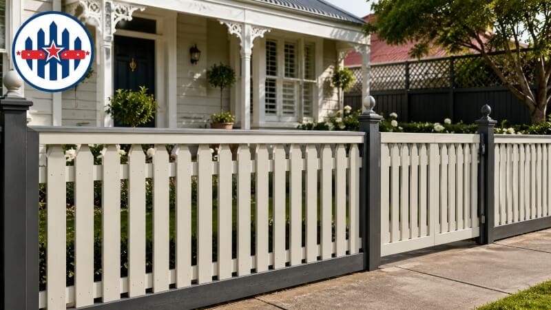 Capped picket fence with horizontal top rail on a period home
Capped picket fence with horizontal top rail on a period home