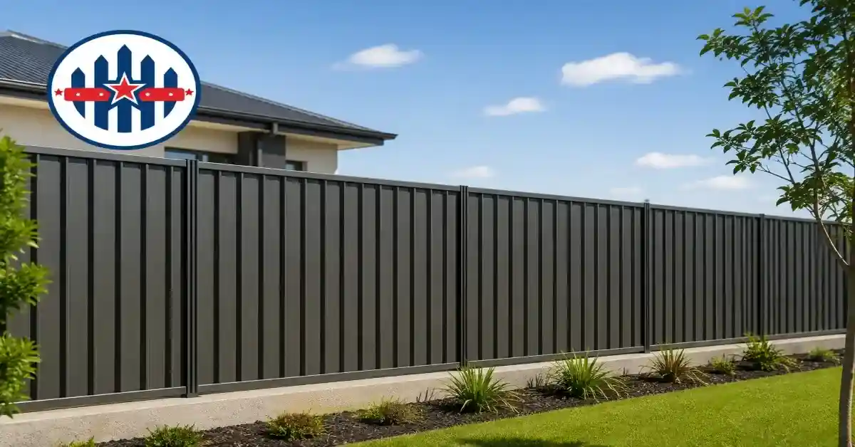 COLORBOND fence installed at Brisbane residential property with Top Class Fences logo.