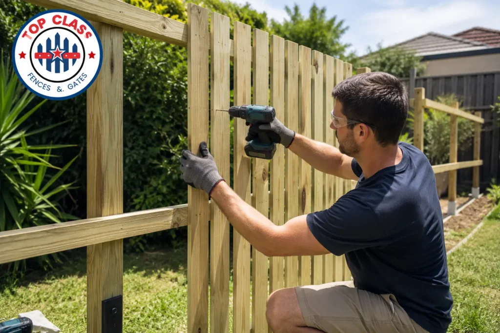 Homeowner installing timber fence palings as a DIY project in Australian backyard
