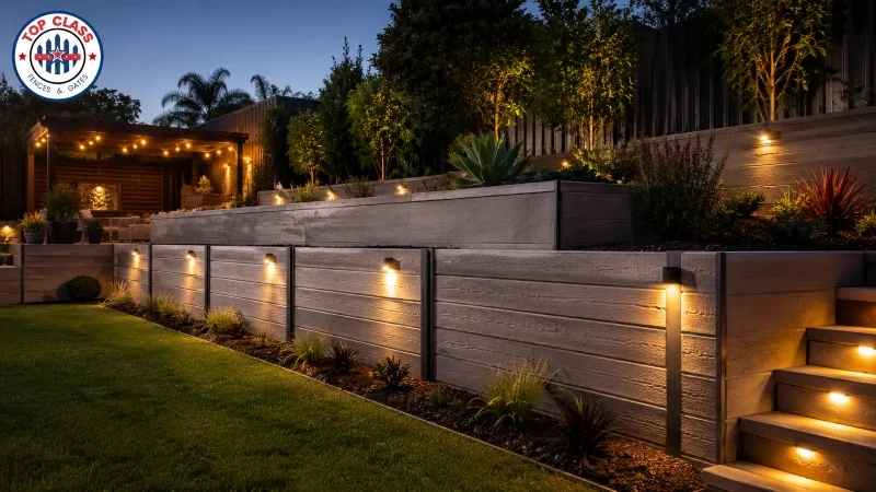 Finished landscaped backyard featuring a concrete sleeper retaining wall with garden lighting at dusk Finished landscaped backyard featuring a concrete sleeper retaining wall with garden lighting at dusk