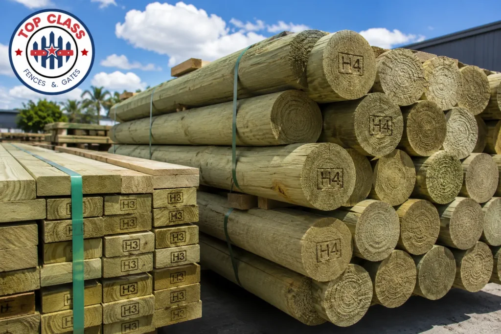 H3 and H4 treated pine timber fence posts and palings stacked at a fencing supplies yard in Queensland
