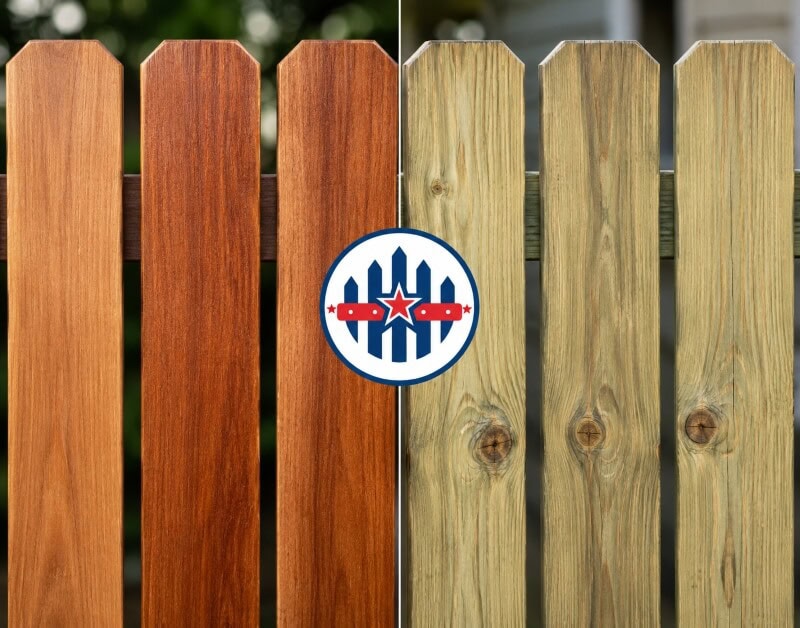 Hardwood vs treated pine fence palings for Queensland fences — Top Class Fences Close-up of hardwood and treated pine fence palings showing grain and texture differences