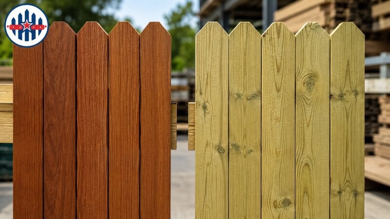 Side-by-side comparison of hardwood and treated pine fence palings Side-by-side comparison of hardwood and treated pine fence palings