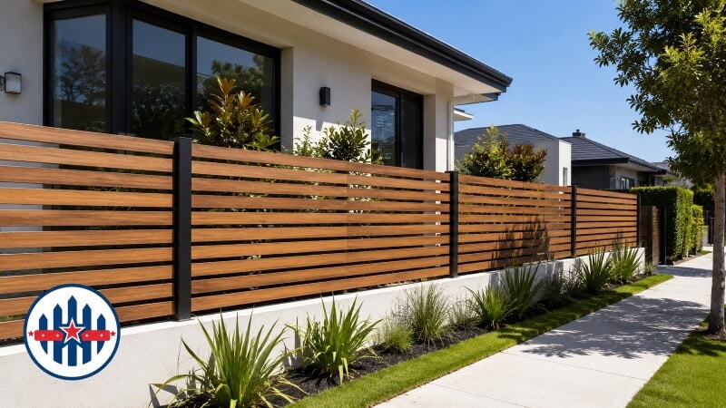 Modern horizontal slat timber fence beside a contemporary home
Modern horizontal slat timber fence beside a contemporary home