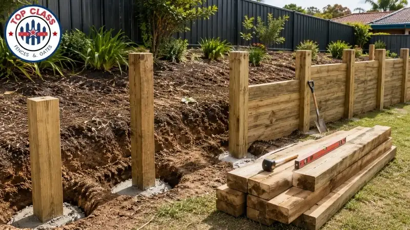 DIY installation of a timber sleeper retaining wall with posts set in concrete footings DIY installation of a timber sleeper retaining wall with posts set in concrete footings