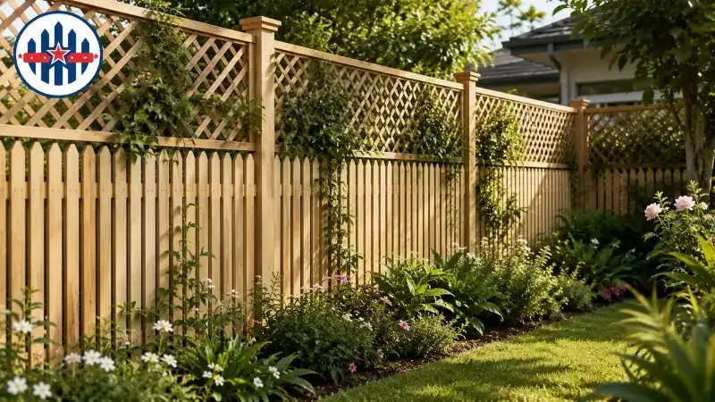 Picket fence with lattice top panel along a garden boundary
Picket fence with lattice top panel along a garden boundary