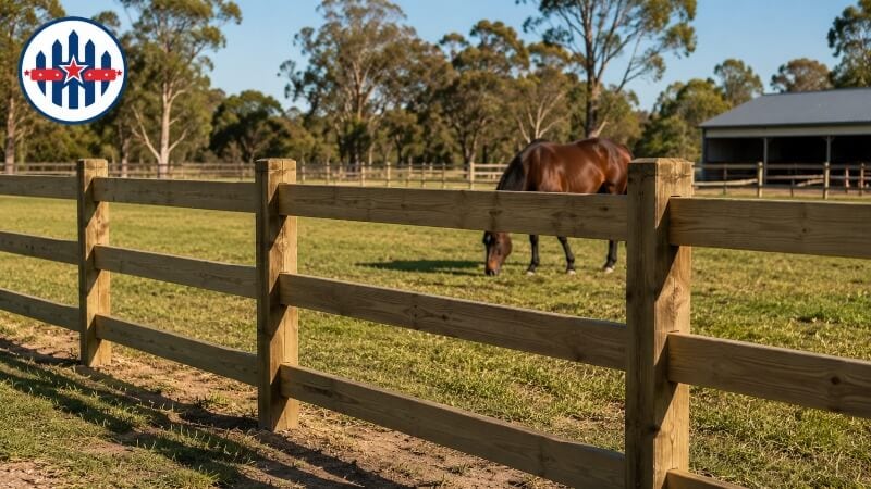 Timber post and rail fence enclosing a horse paddock Timber post and rail fence enclosing a horse paddock