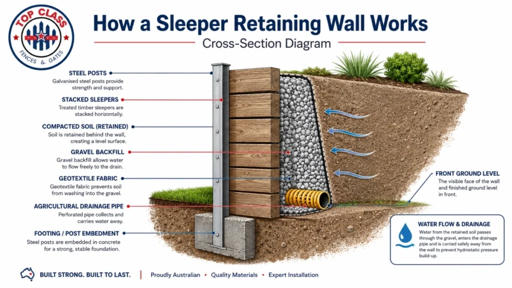 Labelled cross-section diagram of a sleeper retaining wall showing steel posts, stacked sleepers, gravel backfill and agricultural drainage pipe Labelled cross-section diagram of a sleeper retaining wall showing steel posts, stacked sleepers, gravel backfill and agricultural drainage pipe