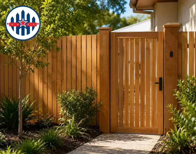 Timber privacy fence and gate for Brisbane homes — Top Class Fences Tall close-paling timber privacy fence with a timber gate in a Brisbane suburban yard
