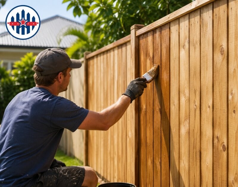 Homeowner painting and oiling a timber fence in a Brisbane backyard for maintenance Homeowner painting and oiling a timber fence in a Brisbane backyard for maintenance
