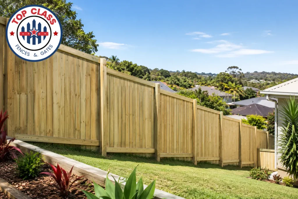 Timber fence installed on a sloping block in Queensland showing stepped fence panels
