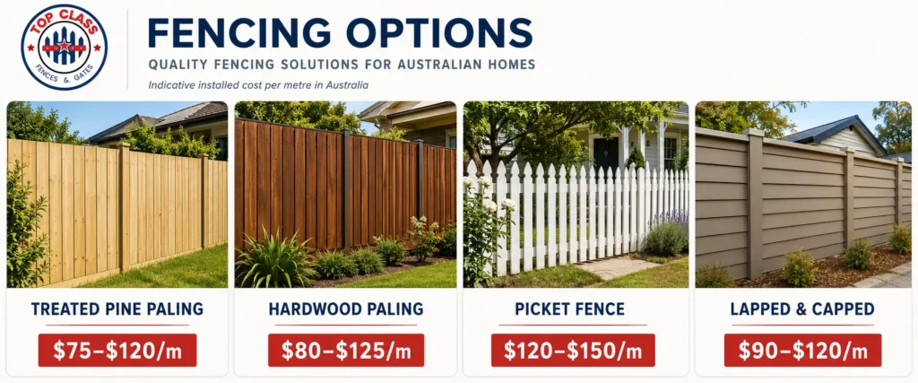 Comparison of timber fence types and cost per metre in Australia — pine paling, hardwood, picket and lapped capped
