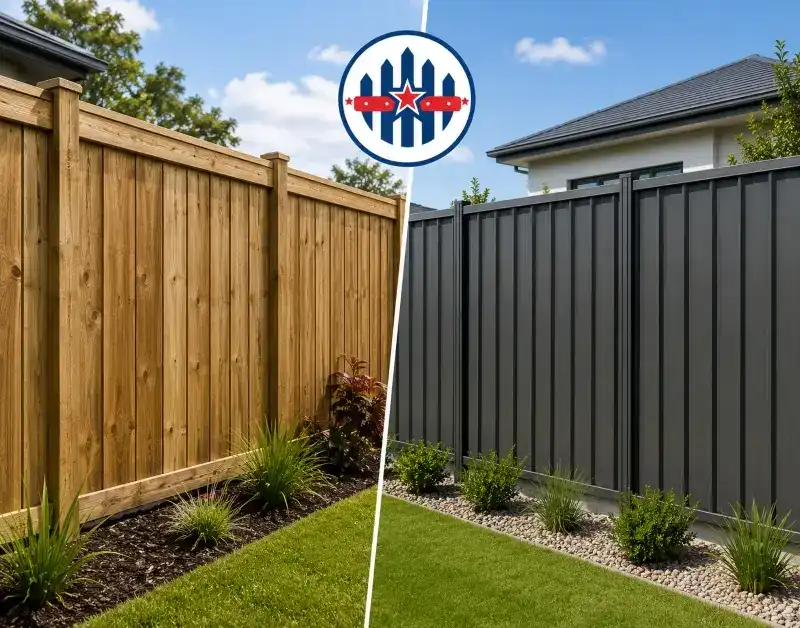 Timber vs COLORBOND fence comparison — Top Class Fences Side-by-side comparison of a timber fence and COLORBOND steel fence in Queensland