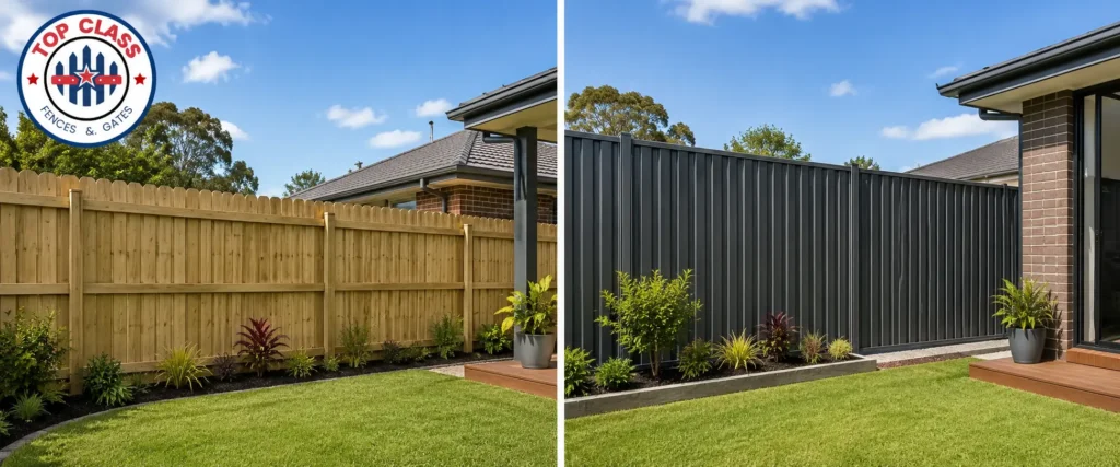 Side-by-side comparison of timber paling fence and Colorbond fence in Australian residential settings
