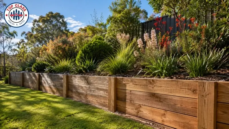 Timber Sleeper Retaining Wall in an Australian Garden Timber Sleeper Retaining Wall in an Australian Garden