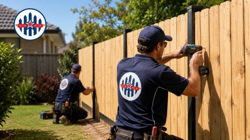 Top Class Fences team installing a timber fence for an Australian homeowner Top Class Fences team installing a timber fence for an Australian homeowner