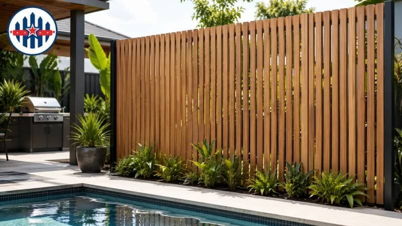 Vertical slat timber privacy screen fence beside a pool area
Vertical slat timber privacy screen fence beside a pool area