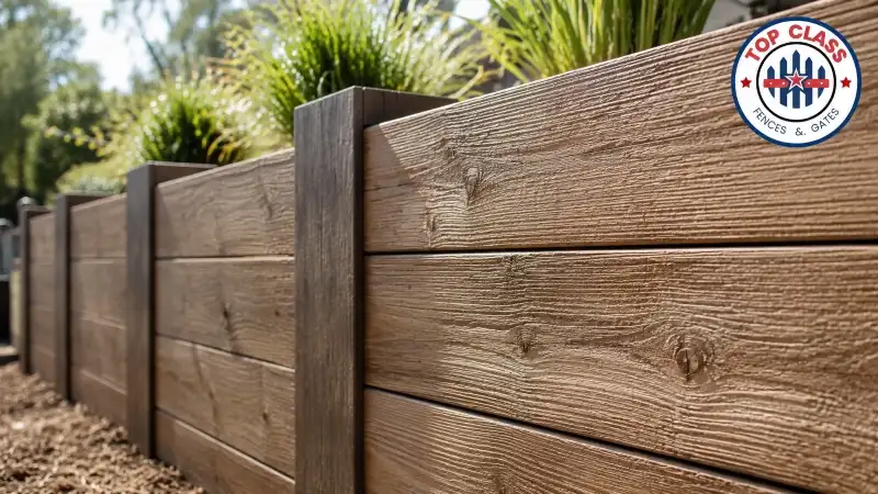 Close-up of woodgrain-finish concrete sleepers showing realistic timber texture Close-up of woodgrain-finish concrete sleepers showing realistic timber texture